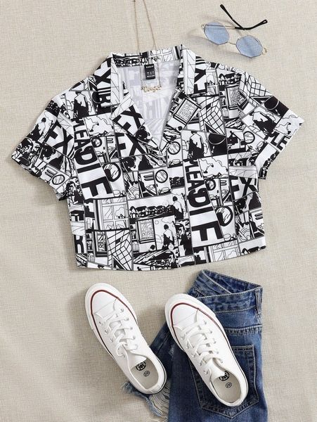 lapel neck comic & letter graphic blouse n7wx#, White
lapel neck comic & letter graphic blouse n7wx#, White