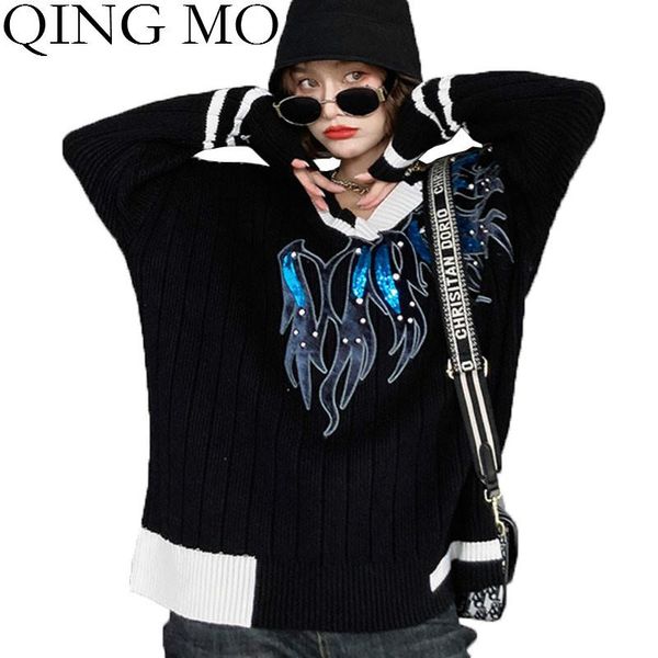 women's sweaters qing mo v-neck sequin print sweater women 2021 autumn pullover knitted coat fashion streetwear outerwear loose qyf169a, White;black
women's sweaters qing mo v-neck sequin print sweater women 2021 autumn pullover knitted coat fashion streetwear outerwear loose qyf169a, White;black