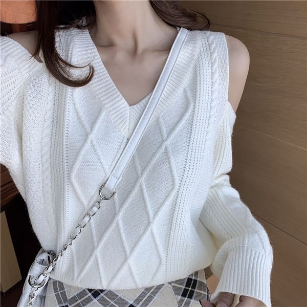 twist sweaterv-neckshoulder long sleeve t-shirt women's new lazy loose sweater fall 2020 twist pullover sweatersweaterv-neckshoulder lo, White;black 
twist sweaterv-neckshoulder long sleeve t-shirt women's new lazy loose sweater fall 2020 twist pullover sweatersweaterv-neckshoulder lo, White;black