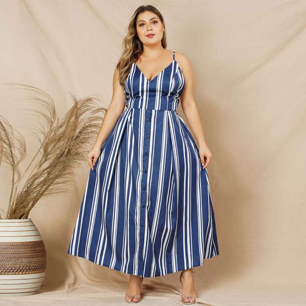 new large women's fashion and versatile v-neck striped sling dress, Black;gray