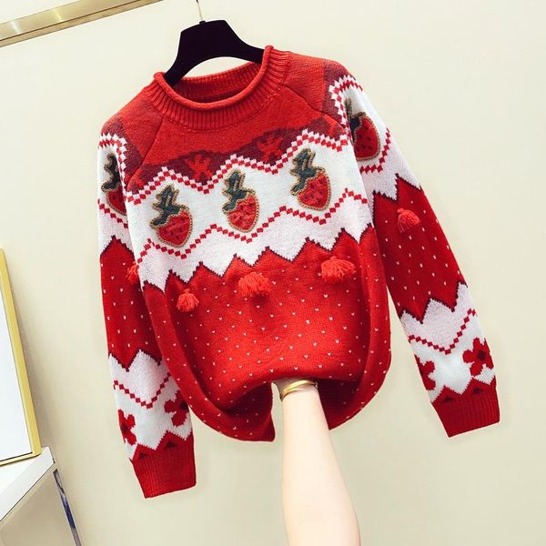 women's sweaters red christmas sweater strawberry pattern cute jacquard with tassel women retro knitted pullovers for winter, White;black
women's sweaters red christmas sweater strawberry pattern cute jacquard with tassel women retro knitted pullovers for winter, White;black