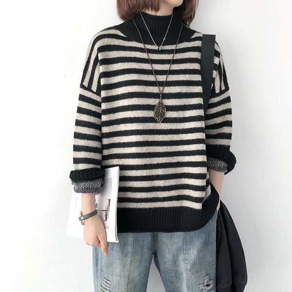thickened half turtleneck women's autumn and winter new loose art stripe short pullover warm bottomed sweater, White;black
thickened half turtleneck women's autumn and winter new loose art stripe short pullover warm bottomed sweater, White;black