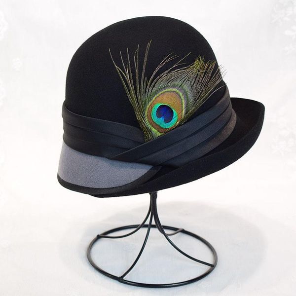 wide brim hats women wool pillbox fedora trilby hat bowknot peacock feathers bowler bucket floppy clotche winter spring 2021, Blue;gray
wide brim hats women wool pillbox fedora trilby hat bowknot peacock feathers bowler bucket floppy clotche winter spring 2021, Blue;gray