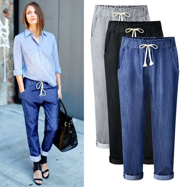 jeans autumn new elastic waist harem 200 jin fat mm loose large women's pants thin 9 fen, Blue