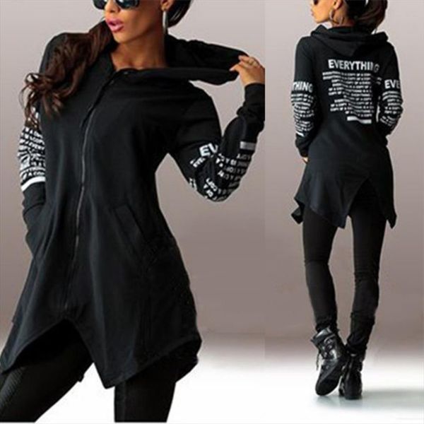 women sweatshirts casual hooded letters print irregular hem outwear harajuku asymmetric zipper back split female streetwear, Black
women sweatshirts casual hooded letters print irregular hem outwear harajuku asymmetric zipper back split female streetwear, Black