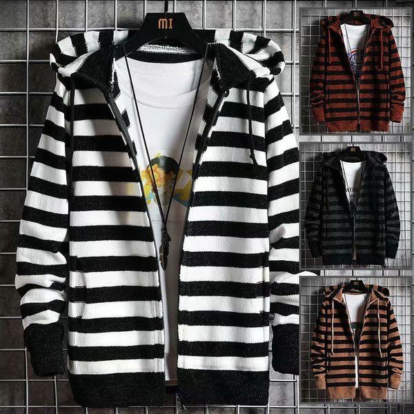 hooded striped knitted sweater men's trendy slim autumn and winter handsome cardigan sweater, White;black
hooded striped knitted sweater men's trendy slim autumn and winter handsome cardigan sweater, White;black