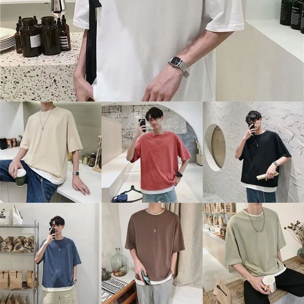 xov3v fake two piece short sleeve men's summer solid color men's loose half sleeve crew neck korean fashion student's t-shirt, Blue
xov3v fake two piece short sleeve men's summer solid color men's loose half sleeve crew neck korean fashion student's t-shirt, Blue