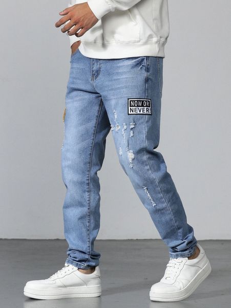 men slogan patch detail ripped jeans c9cb#, Blue
men slogan patch detail ripped jeans c9cb#, Blue
