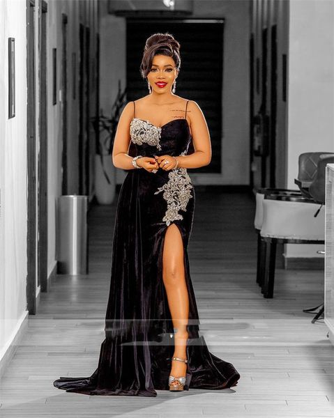 2022 black velvet sweetheart evening party dresses african high slit appliques arabic gowns robe de soiree femme, Black;red
2022 black velvet sweetheart evening party dresses african high slit appliques arabic gowns robe de soiree femme, Black;red