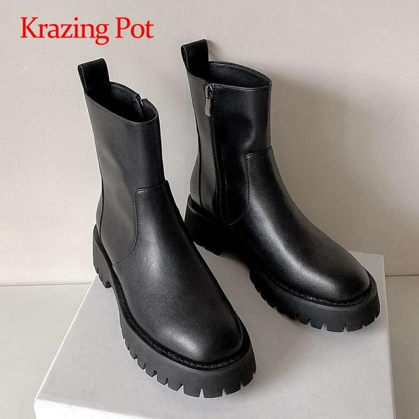 boots krazing pot 2021 winter real leather handmade round toe thick med heels zipper beauty lady daily wear ankle l05, Black 
boots krazing pot 2021 winter real leather handmade round toe thick med heels zipper beauty lady daily wear ankle l05, Black