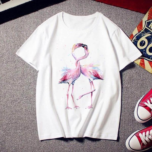 2020 summer flamingo ladies t-shirt female harajuku print casual fashion t-shirt o-neck white retro female cloth t-shirt