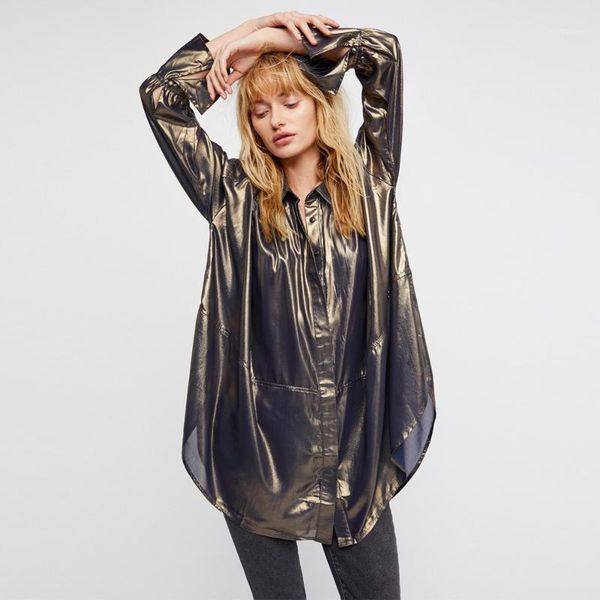 2018 spring women's new blouses casual long design loose large blouses golden color shiny fashion oversized shirts 1, White
2018 spring women's new blouses casual long design loose large blouses golden color shiny fashion oversized shirts 1, White