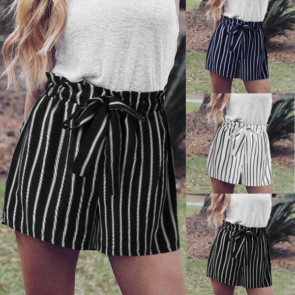 women's summer fashion solid color striped bow bandage casual elegant elastic waist shorts feminino spodenki, White;black
women's summer fashion solid color striped bow bandage casual elegant elastic waist shorts feminino spodenki, White;black