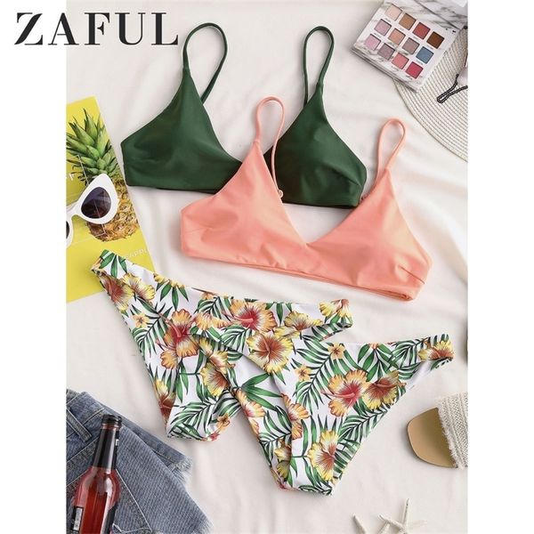 

zaful bikinis women swimwears floral leaf print bralette bikini bohemian swimsuit low waisted bikinis set bathing suit female t200508, White;black