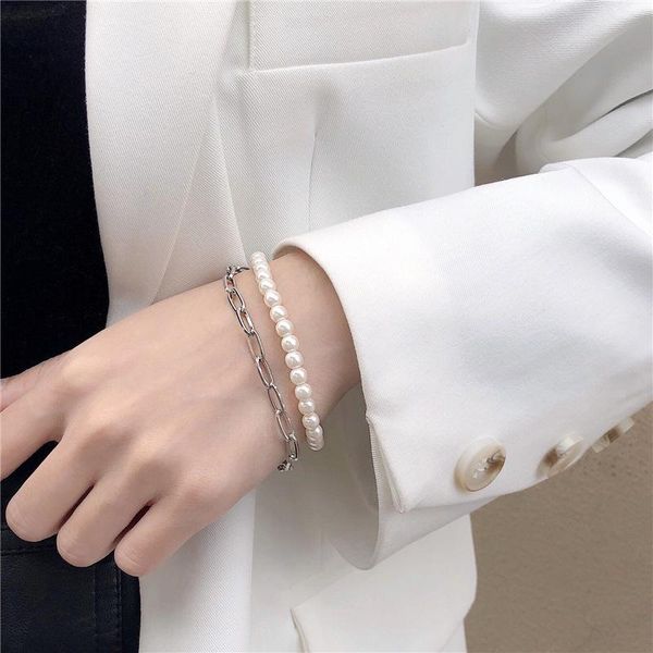 link, chain timeonly double layer simulated pearl bracelet chunky cuban hollow charm gold color jewellery for women, Black
link, chain timeonly double layer simulated pearl bracelet chunky cuban hollow charm gold color jewellery for women, Black