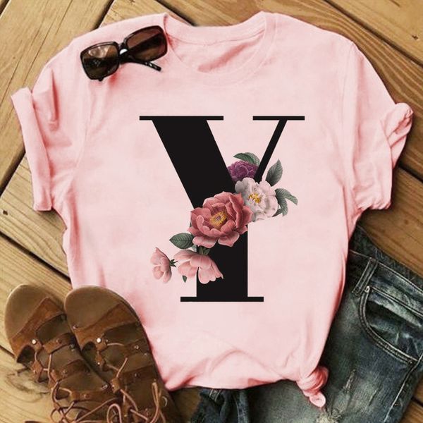 european and american fashion black 26 english letters flower print women's short sleeve lovers t-shirt, White
european and american fashion black 26 english letters flower print women's short sleeve lovers t-shirt, White