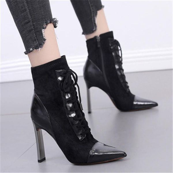 women's fashion short boots pointed 12cm high heels ladies stiletto side zipper cross lace-up boots women zapatos de mujer botas1, Black
women's fashion short boots pointed 12cm high heels ladies stiletto side zipper cross lace-up boots women zapatos de mujer botas1, Black