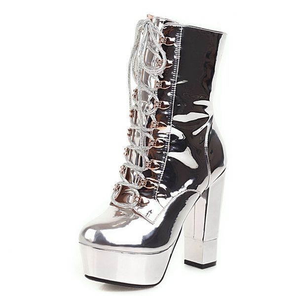 winter high heel 13cm chunky high heel boots platform lace up silver plush ankle boots round toe patent shoes for women botas, Black
winter high heel 13cm chunky high heel boots platform lace up silver plush ankle boots round toe patent shoes for women botas, Black
