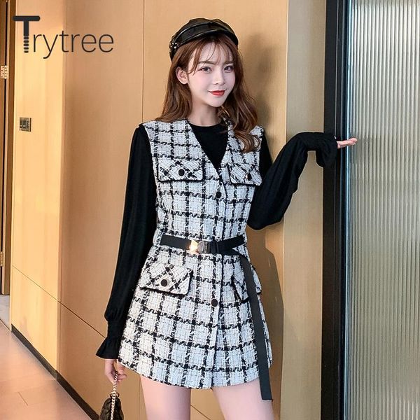 trytree 2020 autumn winter women two piece set casual belt plaid long vest + base knitted sweater office lady set 2 piece, Gray
trytree 2020 autumn winter women two piece set casual belt plaid long vest + base knitted sweater office lady set 2 piece, Gray