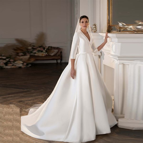 vintage satin wedding dresses bridal gowns a-line 2022 deep v neck half sleeve back buttons sweep train long garden chapel bride dress, White
vintage satin wedding dresses bridal gowns a-line 2022 deep v neck half sleeve back buttons sweep train long garden chapel bride dress, White