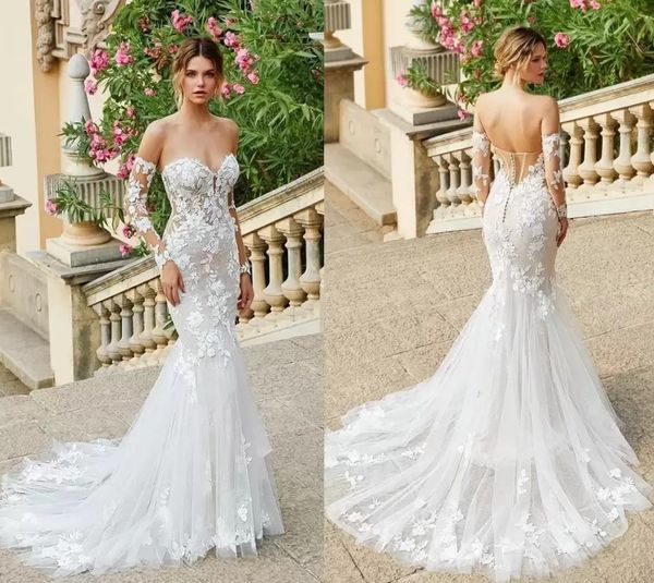 sweetheart mermaid wedding gowns exquisite lace appliqued sweep train bohemian bridal dress backless long sleeves garden brides vestidos de, White
sweetheart mermaid wedding gowns exquisite lace appliqued sweep train bohemian bridal dress backless long sleeves garden brides vestidos de, White