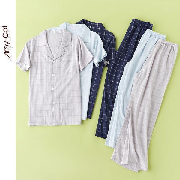2020 simple cotton double-line short sleeve plaid pants men sleepwear pajamas sleeping suits for men leisure suits two piece set1, Black;brown
2020 simple cotton double-line short sleeve plaid pants men sleepwear pajamas sleeping suits for men leisure suits two piece set1, Black;brown