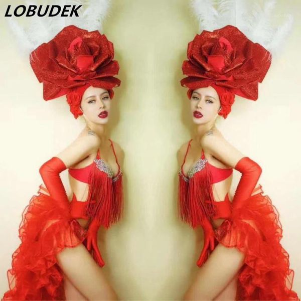 bar club female stage wear red flower headgear crystal tassel bikini tail dance outfit dj singer team performance costume1, Black;red
bar club female stage wear red flower headgear crystal tassel bikini tail dance outfit dj singer team performance costume1, Black;red