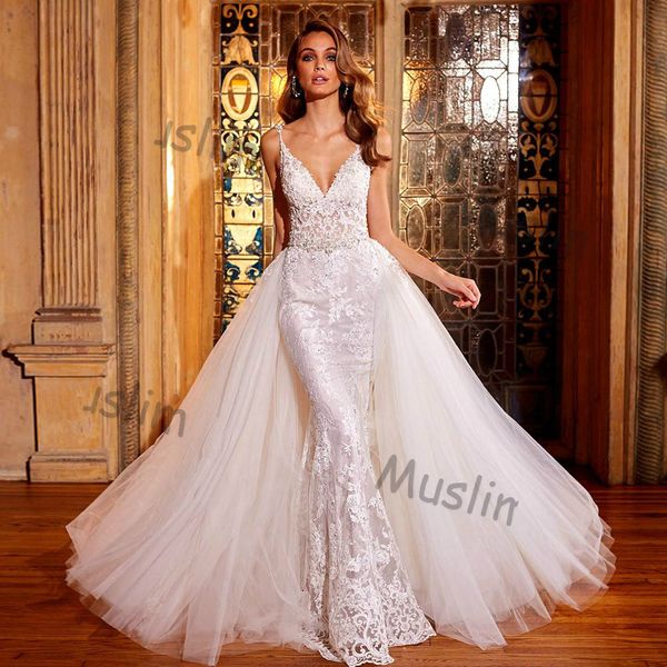 luxury lace mermaid wedding dresses with detachable train beaded spaghetti straps boho beach wedding dress v neck bridal wedding dress, White
luxury lace mermaid wedding dresses with detachable train beaded spaghetti straps boho beach wedding dress v neck bridal wedding dress, White