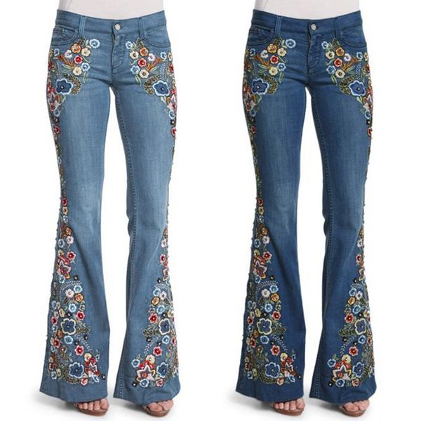 women embroidery flowers destoryed flare jeans button waist bell bottom denim 2019 autumn winter pants trousers, Blue
women embroidery flowers destoryed flare jeans button waist bell bottom denim 2019 autumn winter pants trousers, Blue