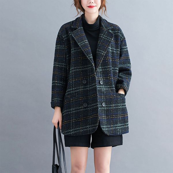 2020 autumn winter vintage plaid loose wool female casual oversize turn-down collar women's coat, Black
2020 autumn winter vintage plaid loose wool female casual oversize turn-down collar women's coat, Black