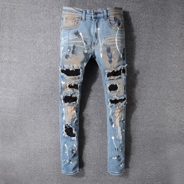 men's twill vintage elastic jeans, paint, tight cotton, twill, fashion, hole washing, large size, Blue
men's twill vintage elastic jeans, paint, tight cotton, twill, fashion, hole washing, large size, Blue