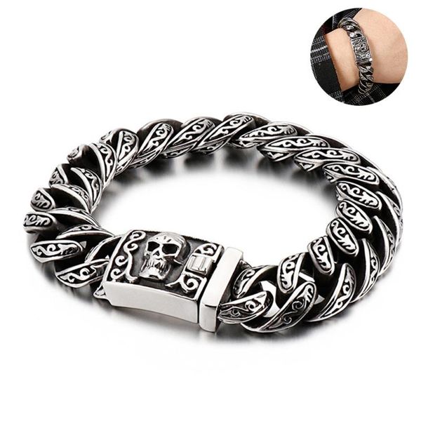 15mm heavy punk biker skull charm bracelet mens 22cm vintage stainless steel curb cuban link chain bracelets armband jewelry, Black
15mm heavy punk biker skull charm bracelet mens 22cm vintage stainless steel curb cuban link chain bracelets armband jewelry, Black