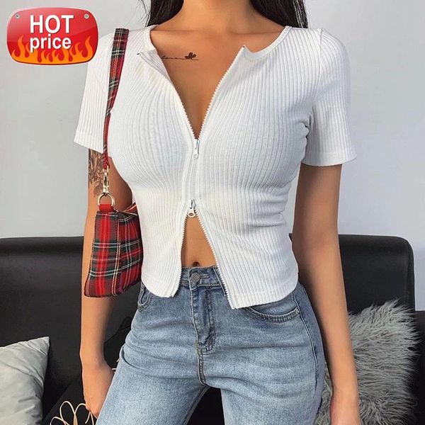 summer slim v neck t shirt women zipper crop short sleeve split cardigan solid stretch club streetwear clothing #l79r, White
summer slim v neck t shirt women zipper crop short sleeve split cardigan solid stretch club streetwear clothing #l79r, White