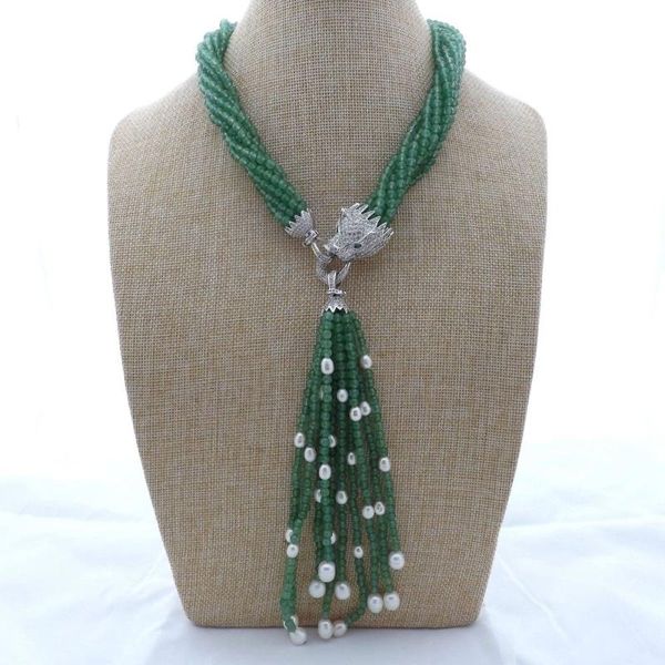 8strands white freshwater pearl green stone necklace micro inlay zircon accessories leopard head clasp tassel pendant, Silver
8strands white freshwater pearl green stone necklace micro inlay zircon accessories leopard head clasp tassel pendant, Silver