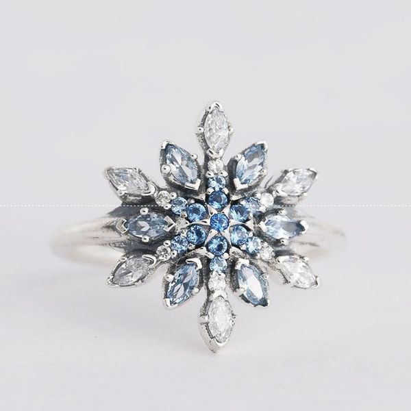 100% 925 sterling silver snowflake ring with blue cz fit pandora jewelry engagement wedding lovers fashion ring