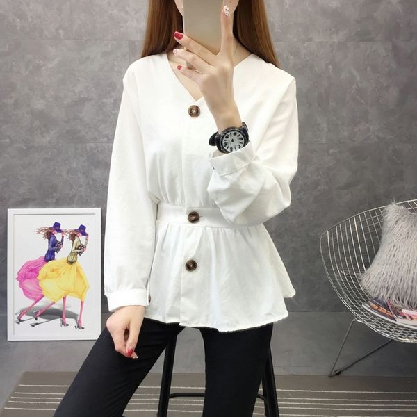 women's jacket spring and autumn temperament decorative buttons beam waist peplum chic blouse pure color v-neck shirt, White
women's jacket spring and autumn temperament decorative buttons beam waist peplum chic blouse pure color v-neck shirt, White
