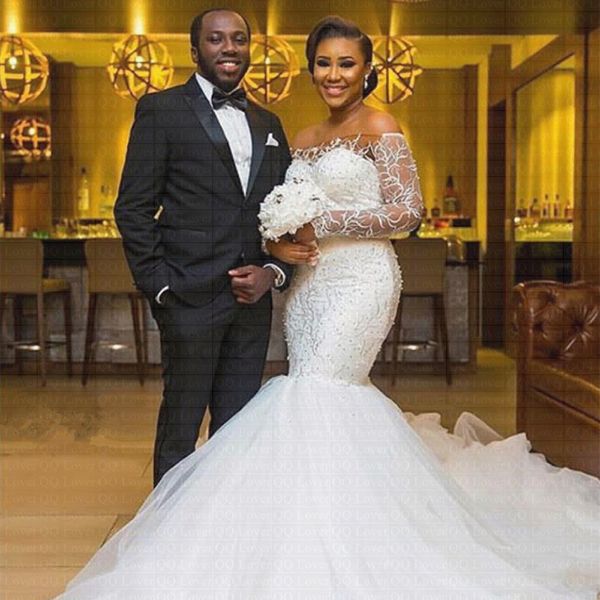 2021 new african mermaid fashion wedding dress luxury sleeve full of lace off the shoulder dressed as bride soiree robe 76aw, White 
2021 new african mermaid fashion wedding dress luxury sleeve full of lace off the shoulder dressed as bride soiree robe 76aw, White