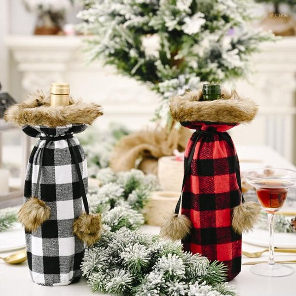 christmas decorations pompom plaid wine bottle cover creative red and black bag home decoration1 
christmas decorations pompom plaid wine bottle cover creative red and black bag home decoration1
