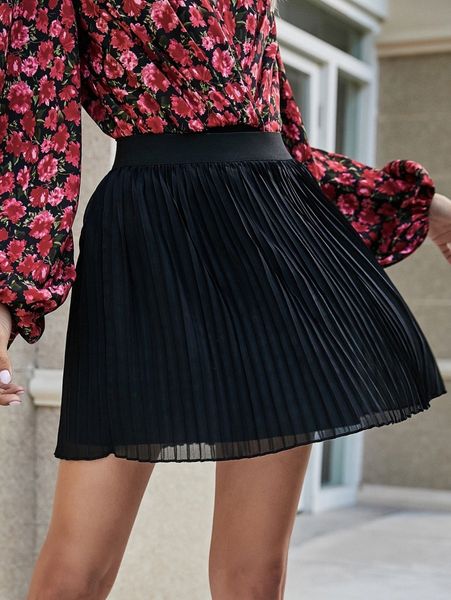solid elastic waist pleated skirt u0lg#, Black