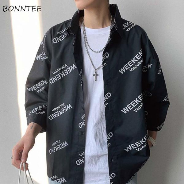 men's casual shirts men summer three quarter sleeves printed ulzzang style loose shirt all match students male streetwear fashion, White;black
men's casual shirts men summer three quarter sleeves printed ulzzang style loose shirt all match students male streetwear fashion, White;black