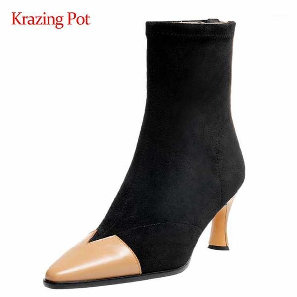 krazing pot large size fashion boots real leather flock small square toe thin high heel zipper elegant lady cozy ankle boots l921, Black
krazing pot large size fashion boots real leather flock small square toe thin high heel zipper elegant lady cozy ankle boots l921, Black
