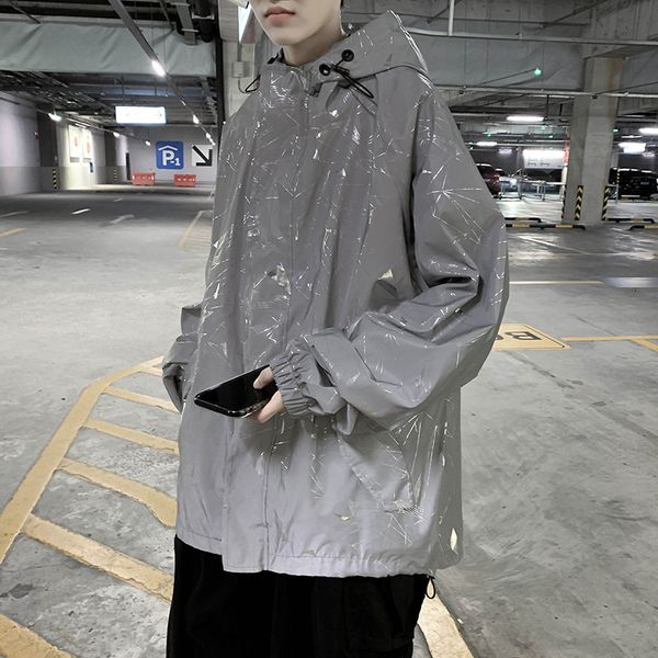 korean spring new relaxed fashion brand couple's outer super fire net red reflective hooded jacket for men, Black;brown
korean spring new relaxed fashion brand couple's outer super fire net red reflective hooded jacket for men, Black;brown