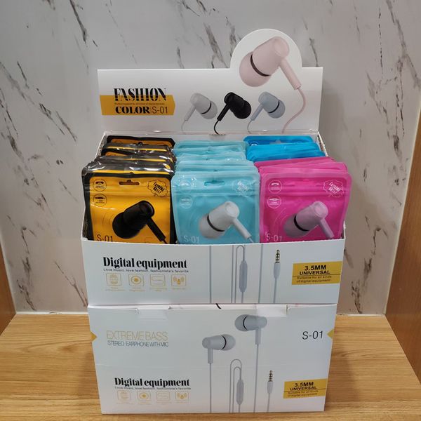 

wired mobile earphones s-01 with strong bass suitable for smartphone online chatting call wired in color bag with diaplay box