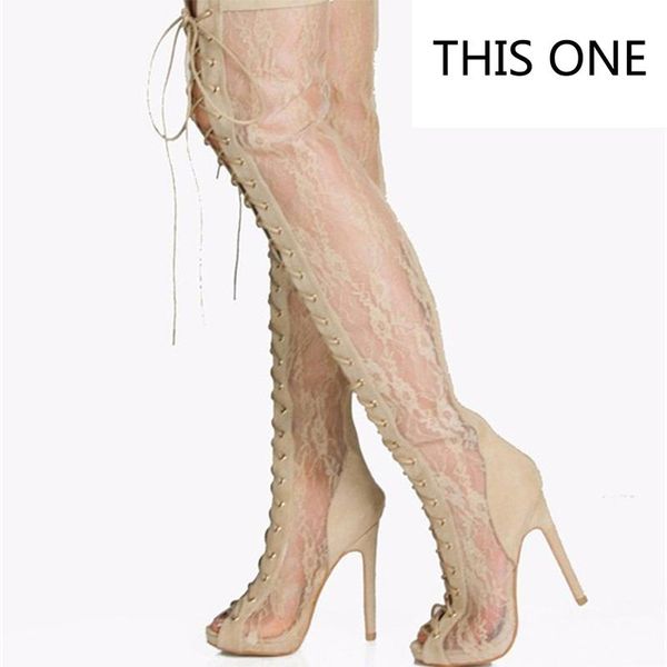 

boots black high heels gladiator shoes woman peep toe lace up thigh summer cutouts feminine boot over the knee sandal