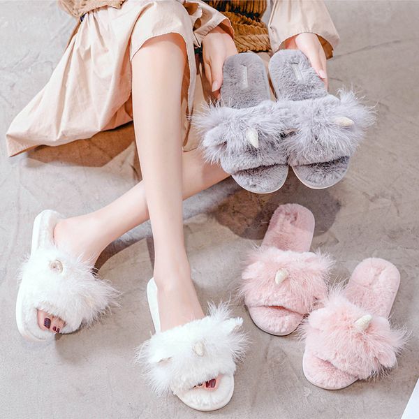 winter house cute women unicorn fur slippers open toe home bedroom ladies cozy flats shoes pink women furry slides x1020, Black 
winter house cute women unicorn fur slippers open toe home bedroom ladies cozy flats shoes pink women furry slides x1020, Black