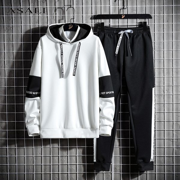 hoodies + sweatpants 2 pieces tracksuits sets men autumn winter casual track suit sportswear male patchwork hooded letter suits 201201, Gray