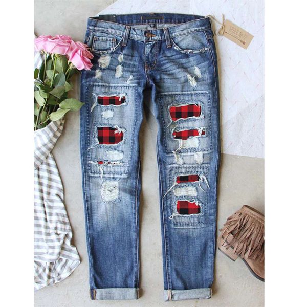 straight red perforated plaid women's jeans pants, Blue
straight red perforated plaid women's jeans pants, Blue