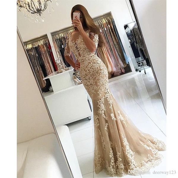2021 vestidos de fiesta illusion boat neck appliqued lace champagne prom dress beaded low v back half sleeve mermaid evening dresses, Black
2021 vestidos de fiesta illusion boat neck appliqued lace champagne prom dress beaded low v back half sleeve mermaid evening dresses, Black