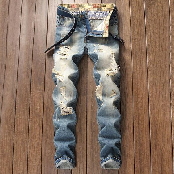 mens ripped jeans european and american style new youth retro old light-colored frayed pants straight trousers, Blue
mens ripped jeans european and american style new youth retro old light-colored frayed pants straight trousers, Blue