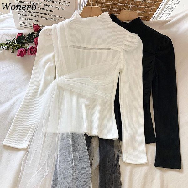 woherb temperament women pullovers korean stand neck gauze patchwork knitwear hollow out slim fit knit jumper coat pull femme, White;black
woherb temperament women pullovers korean stand neck gauze patchwork knitwear hollow out slim fit knit jumper coat pull femme, White;black